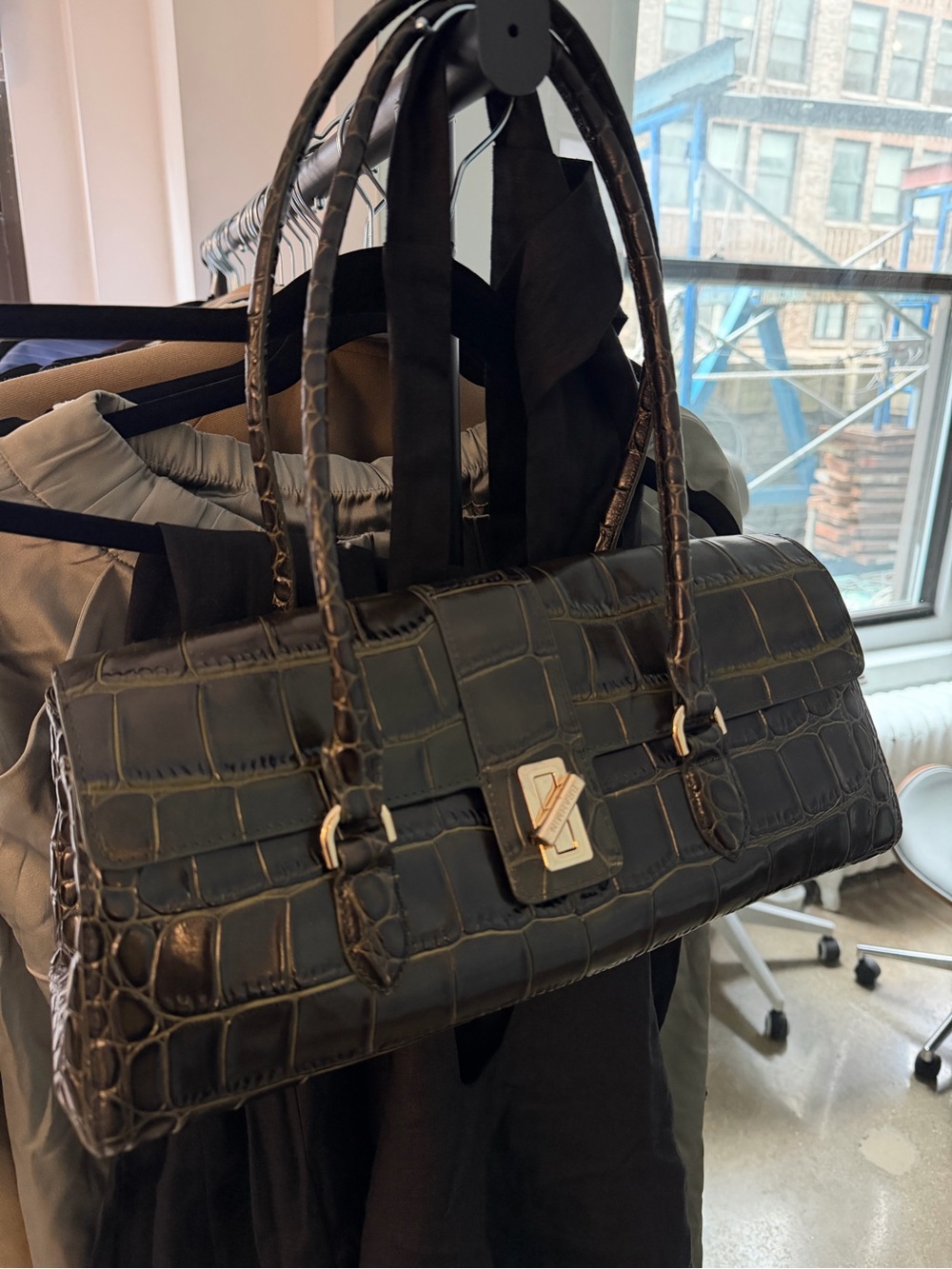 Brahmin Black Croc-Embossed Leather Shoulder Bag